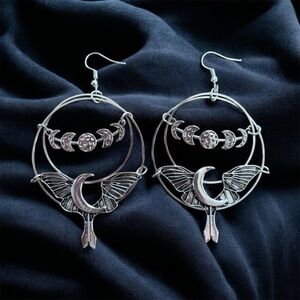 Celestial Moon Phase - Crescent & Wing Dangle Hoop Earrings